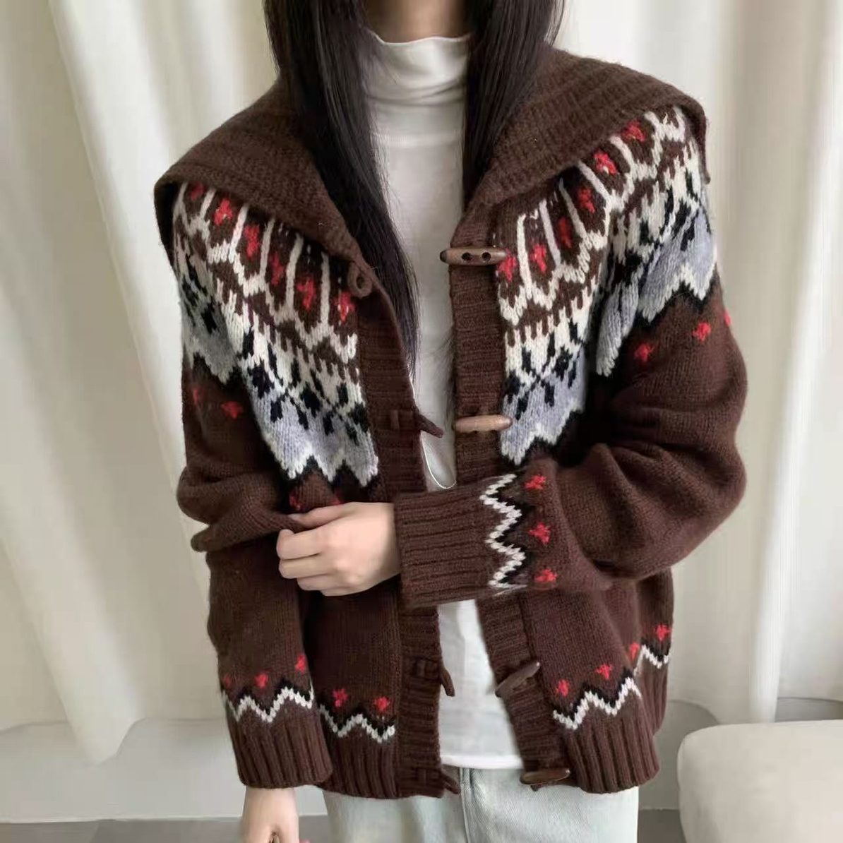 欧洲站新款翻领拉链宽松显瘦百搭长袖针织开衫女上衣外套7666