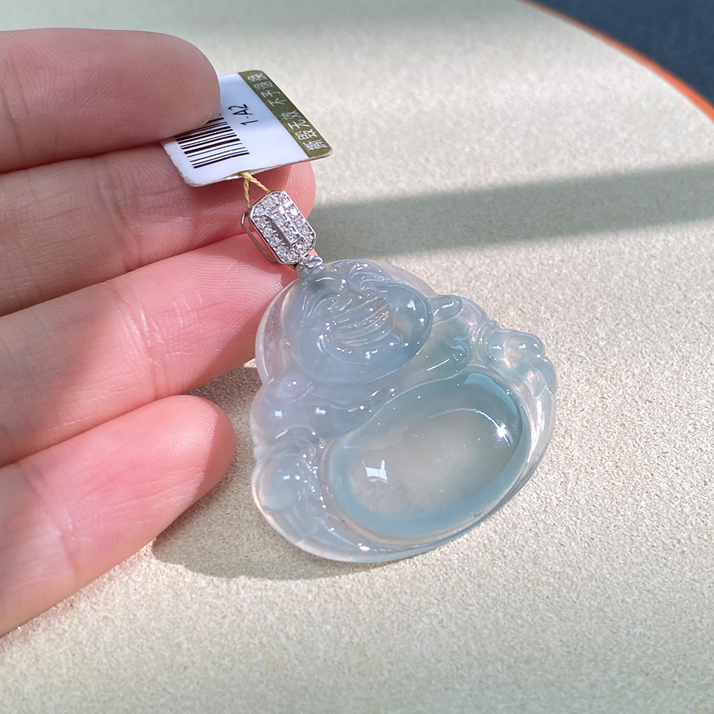 如意宝珠宝 正品玉坠18K金扣翡翠佛公玉石吊坠天然A货翡翠1-A2