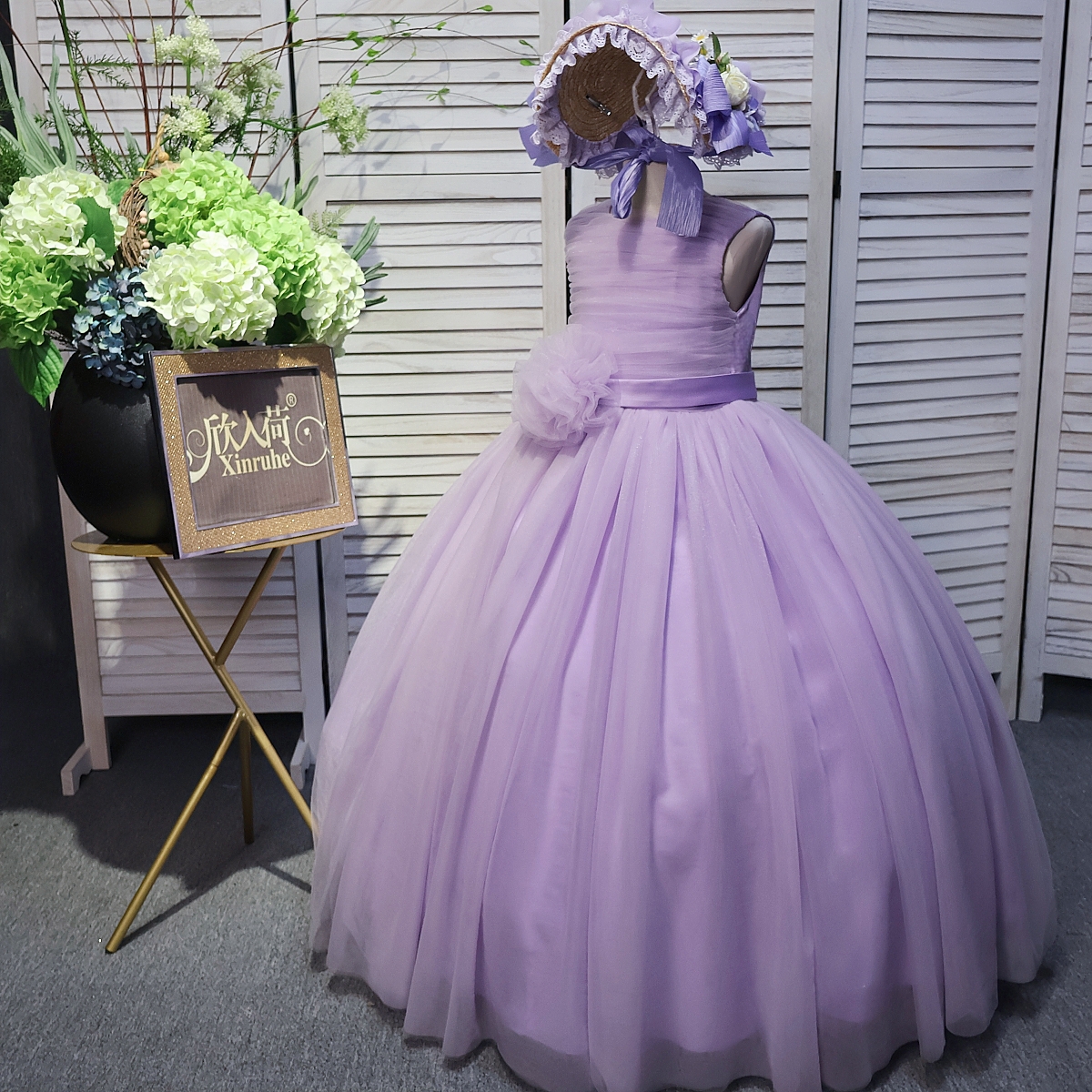 公主风甜美女童少女风长款紫色蝴蝶结礼服晚礼服连衣裙演出服