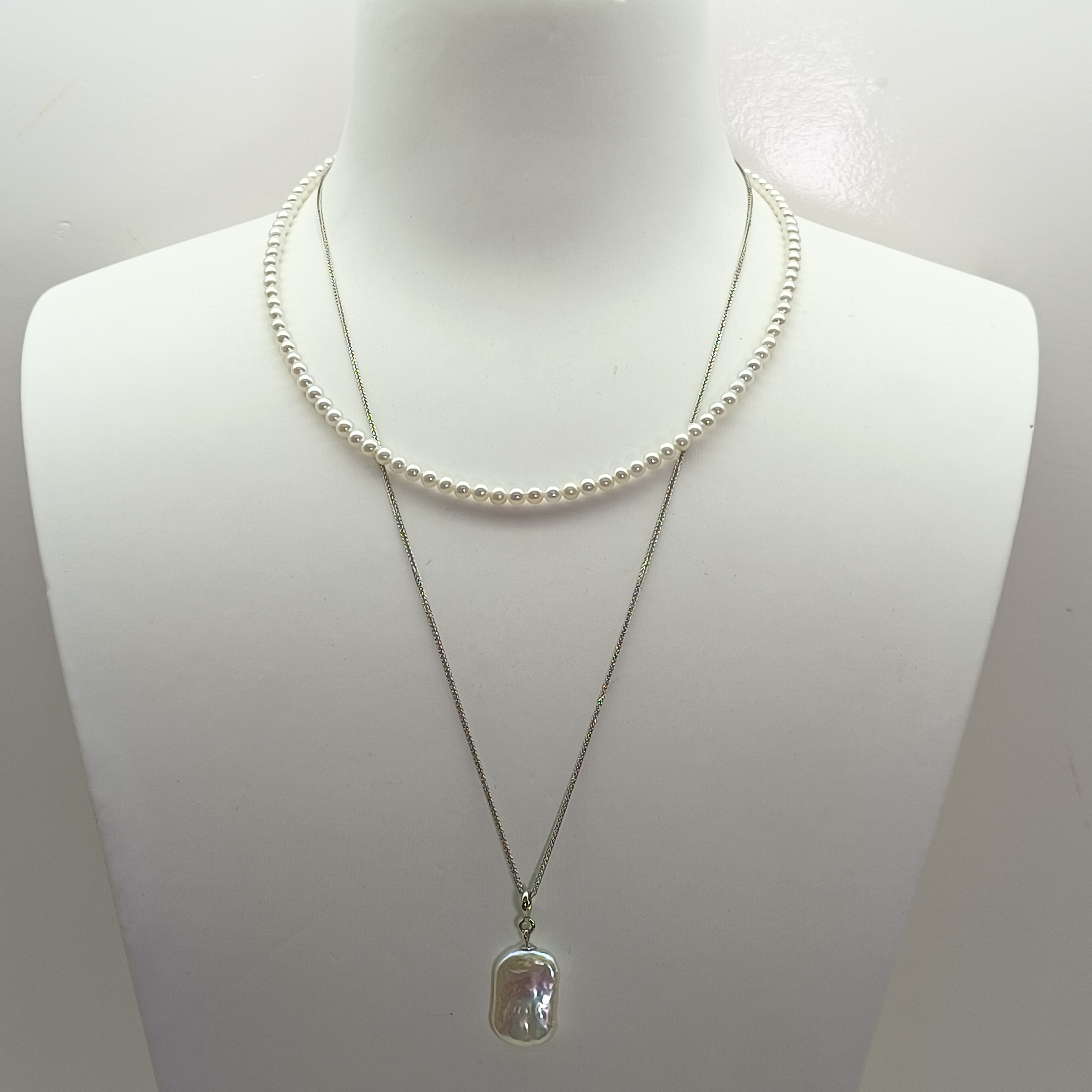 【瑞米珍珠】淡水珍珠S925银万能扣方块双层项链带尾珠3-7mm