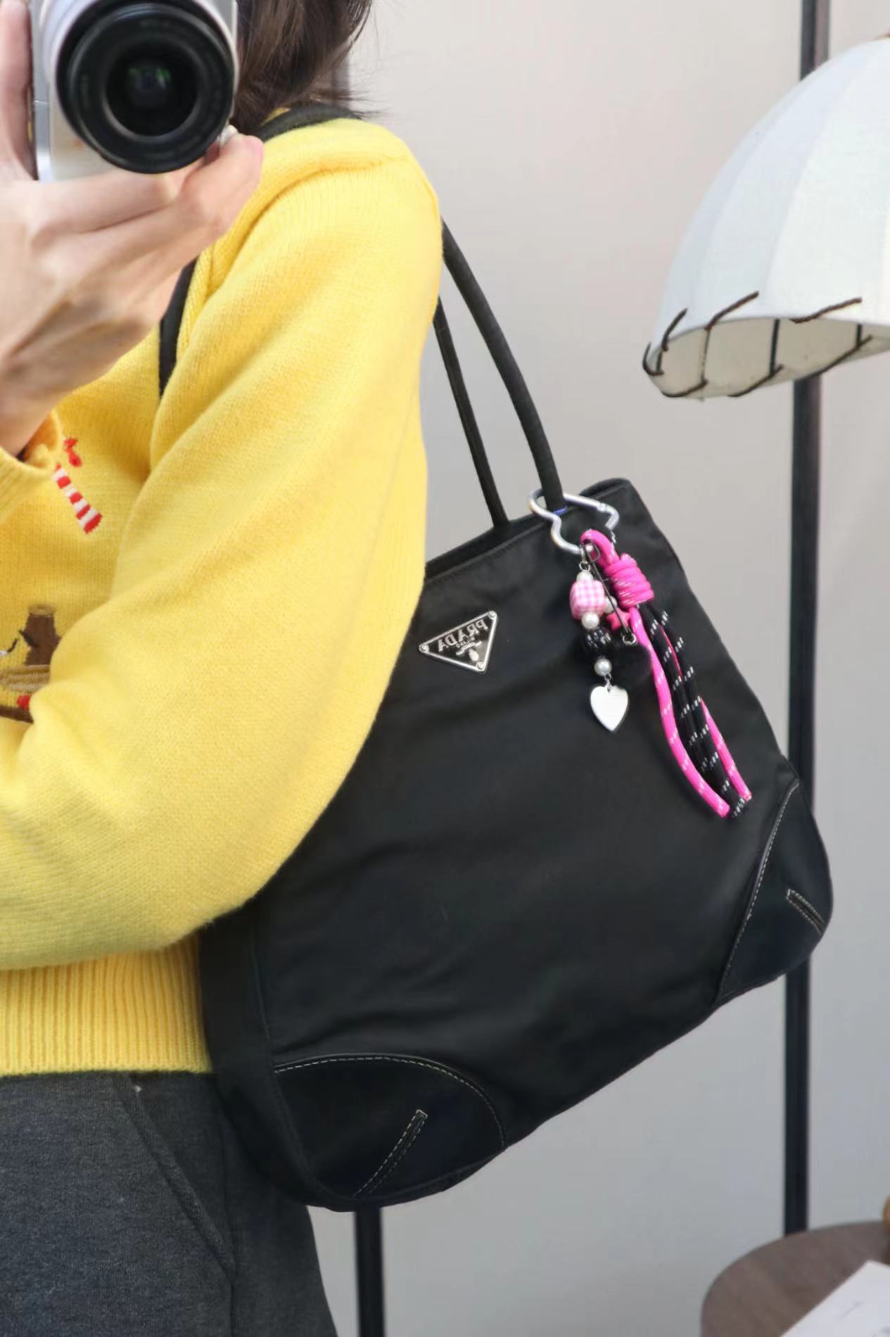 95新 Prada/普拉达 黑银降落伞单肩包托特包/秋境中古 1185