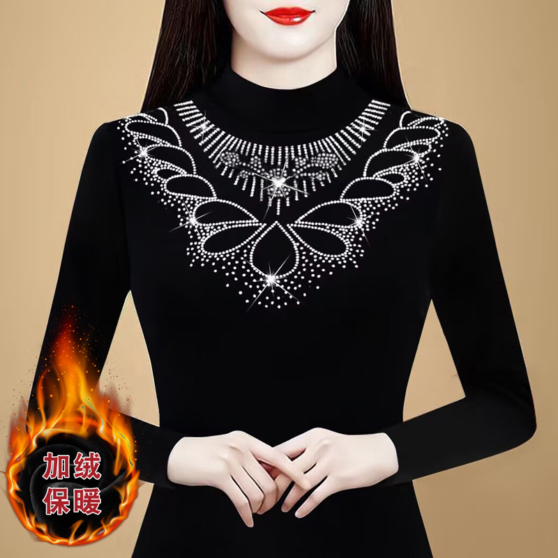 时尚洋气打底衫镶钻上衣女秋冬加绒蕾丝T恤内搭修身百搭烫钻小衫
