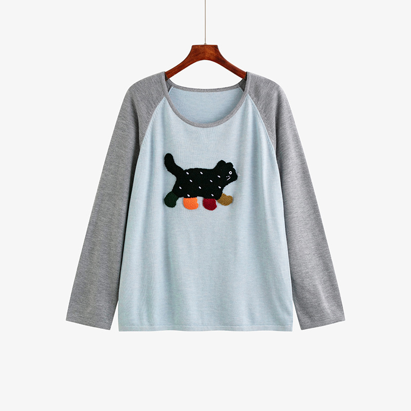 大码女装撞色插肩袖上衣女打底衫2025秋胖mm休闲刺绣23208