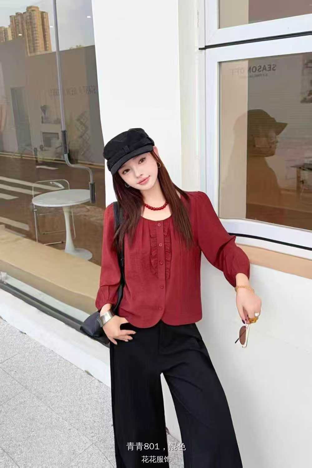 秋季拼接通勤风法式圆领长袖衬衫小衫纯色宽松休闲