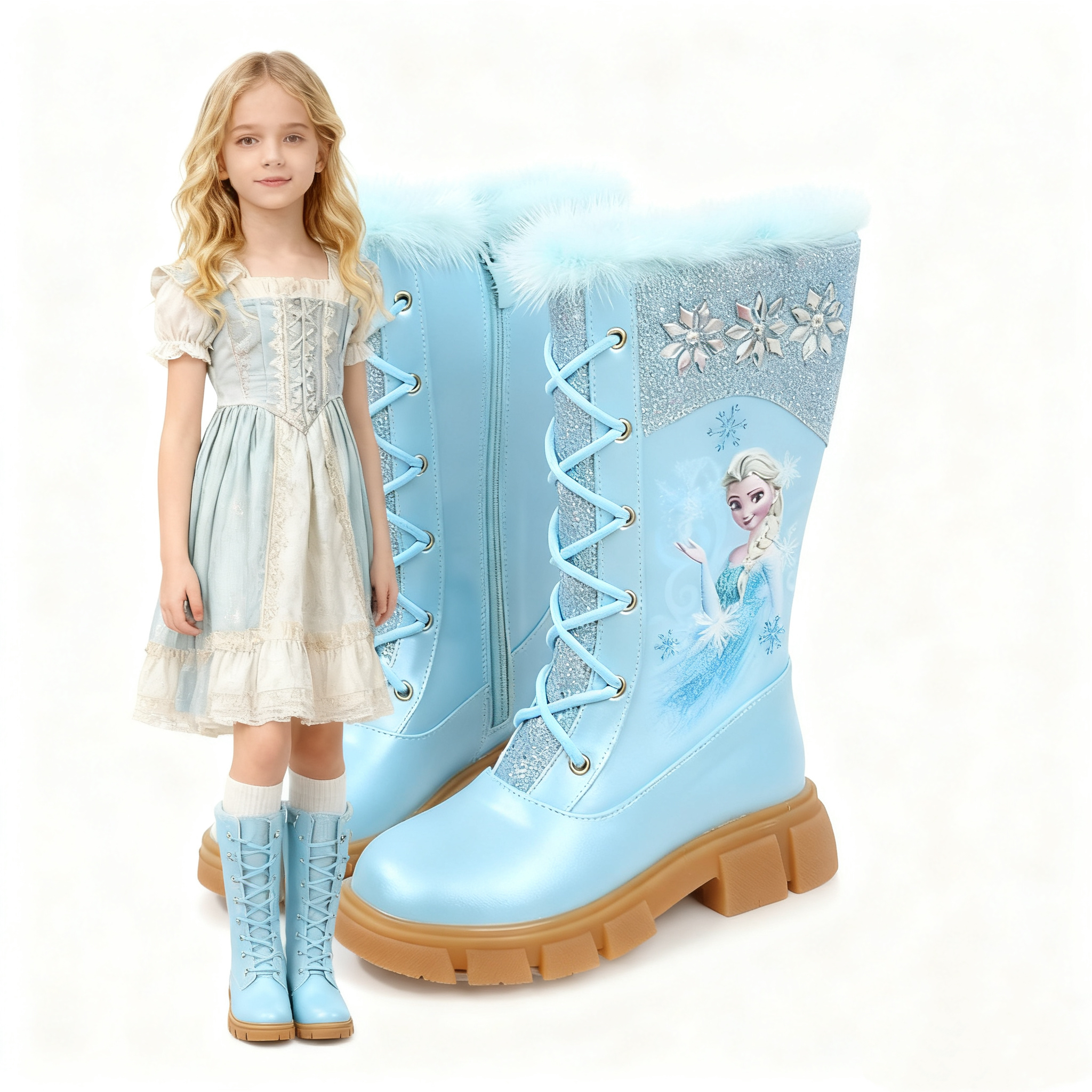 爱莎公主鞋女童雪地靴长靴子高筒靴冬季百搭靴儿童长靴加绒中大童