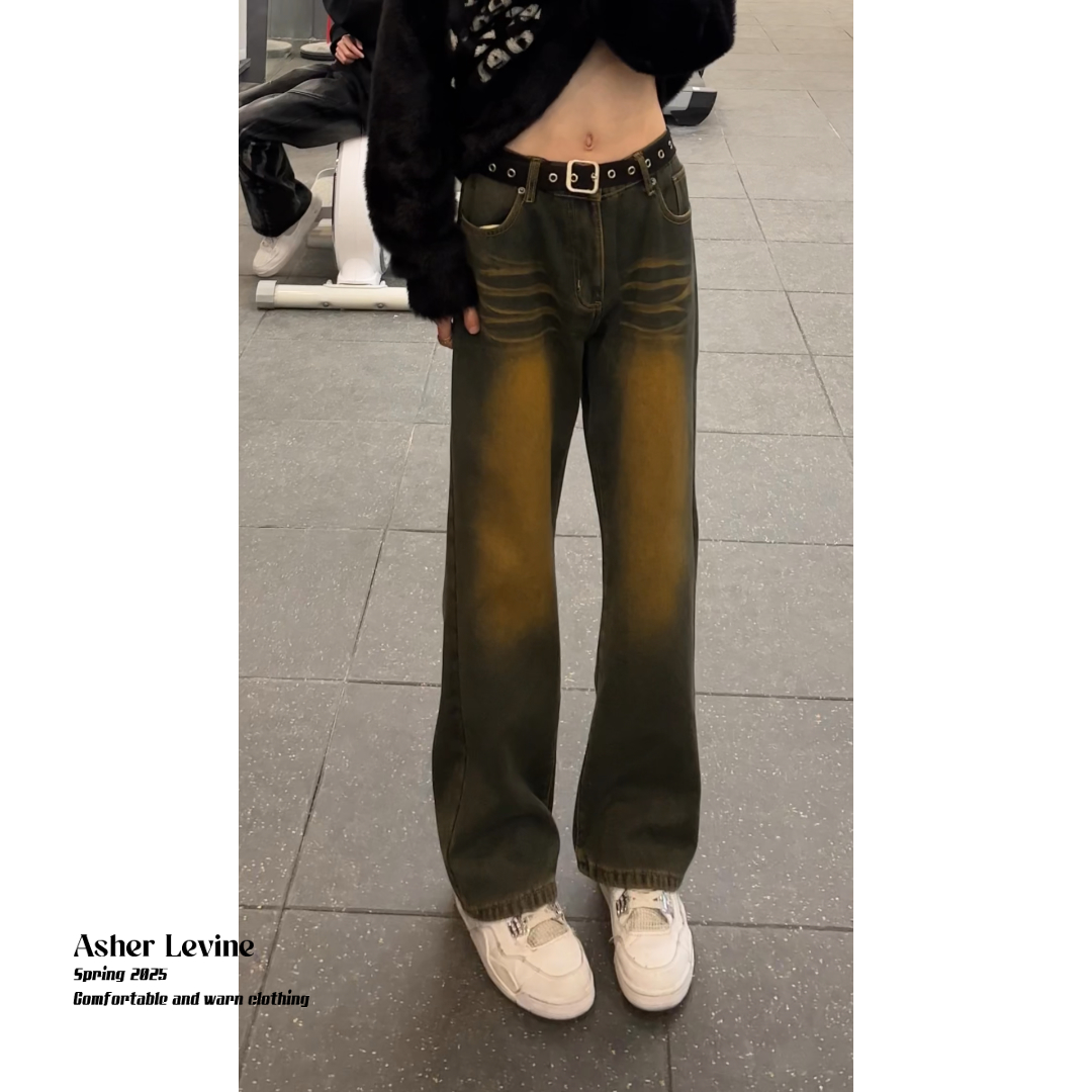 美式复古加绒牛仔裤男生美式高街水洗做旧裤子宽松阔腿长裤DY05