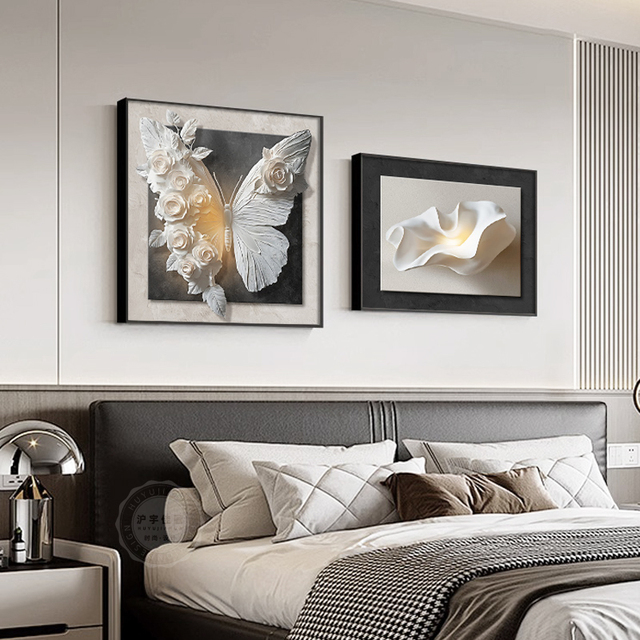 现代极简卧室床头装饰画高级感主卧背景墙挂画蝴蝶饭厅组合壁画