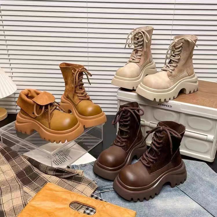 高跟女圆头系带防脏马丁靴秋季时尚英伦风女鞋机车靴8288