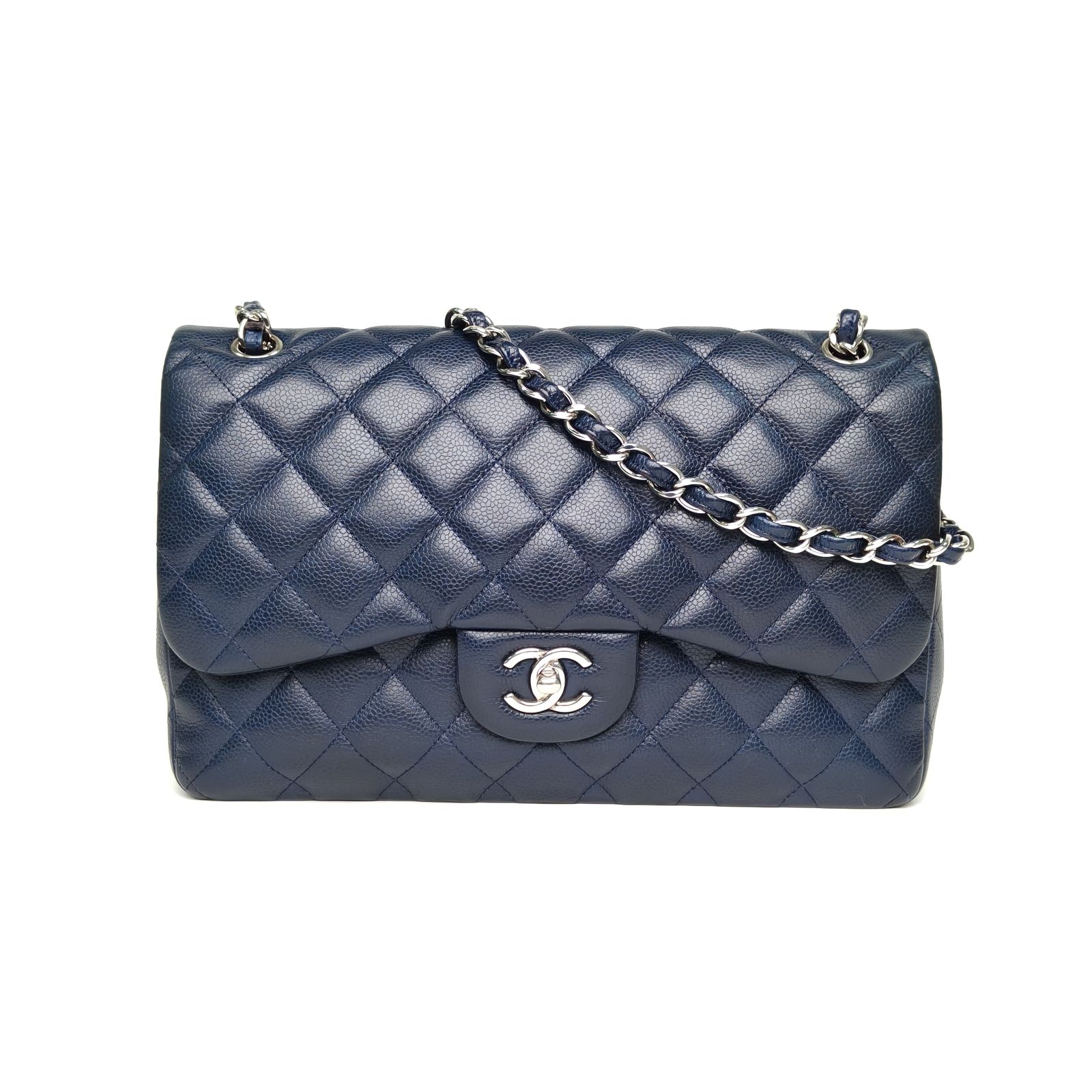 95新 Chanel/香奈儿 双攀-CF JUMBO 墨蓝色 荔枝皮革 15开 银扣