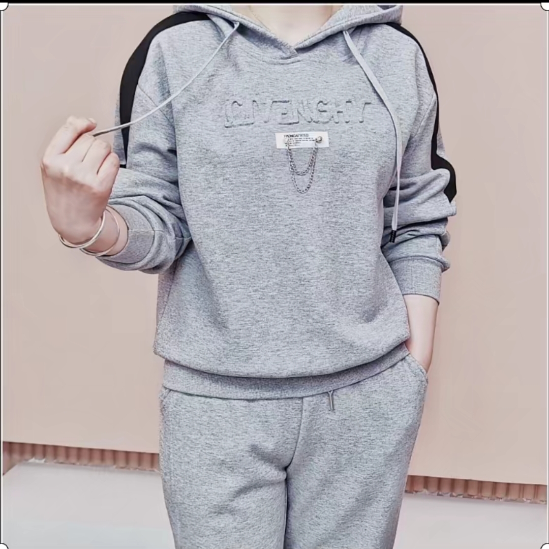 春秋休闲时尚运动套装显瘦遮肉连帽洋气宽松长袖减龄女士连帽拼色
