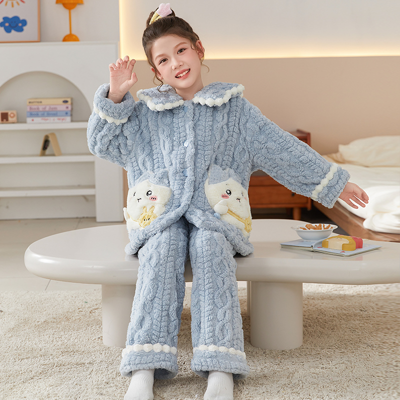 YUZHAOLIN/俞兆林中小童冬季长袖翻领珊瑚绒睡衣女童家居服两件套