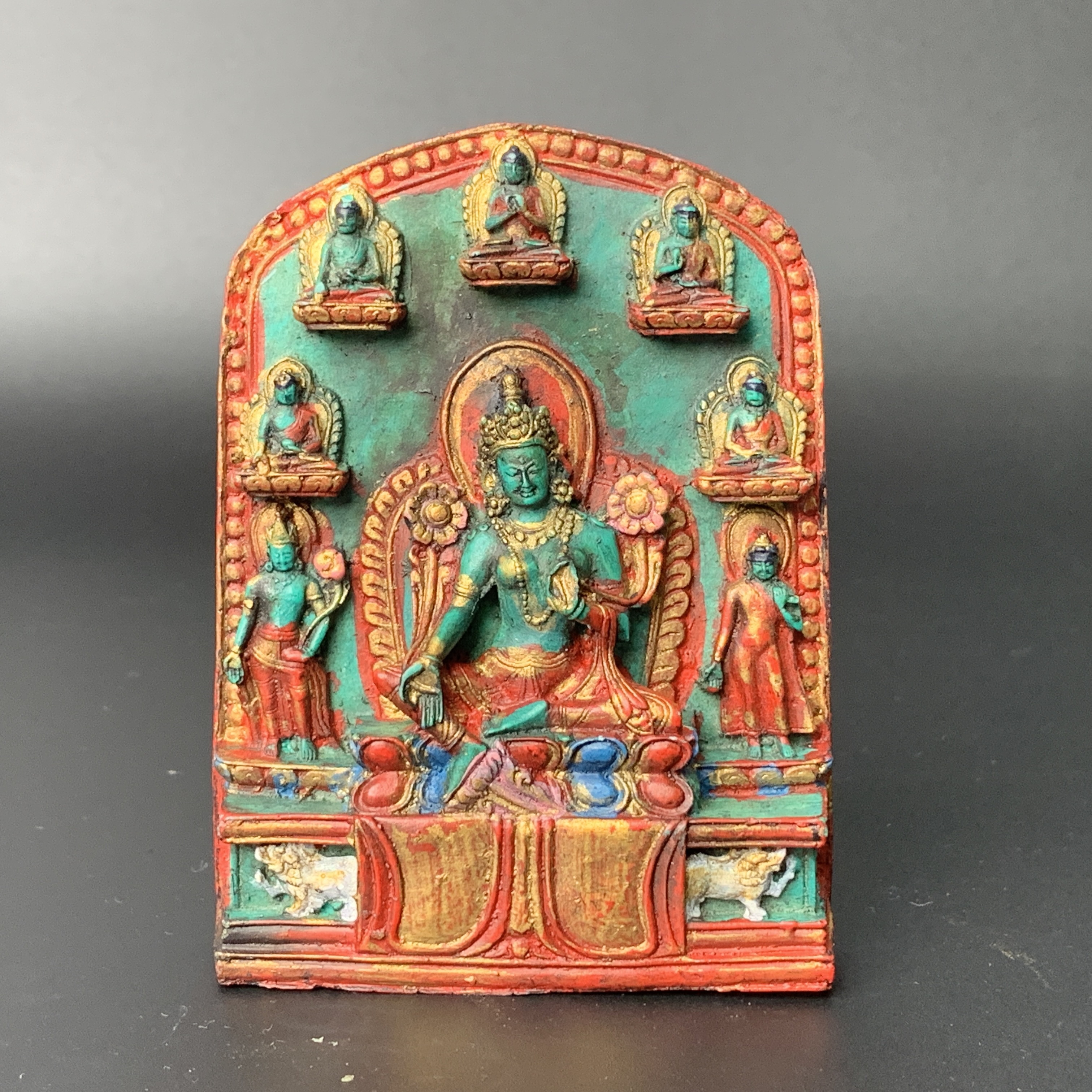 19世纪前期·藏传嵌宝石绿度母佛像105*78mm148gWSX1118016