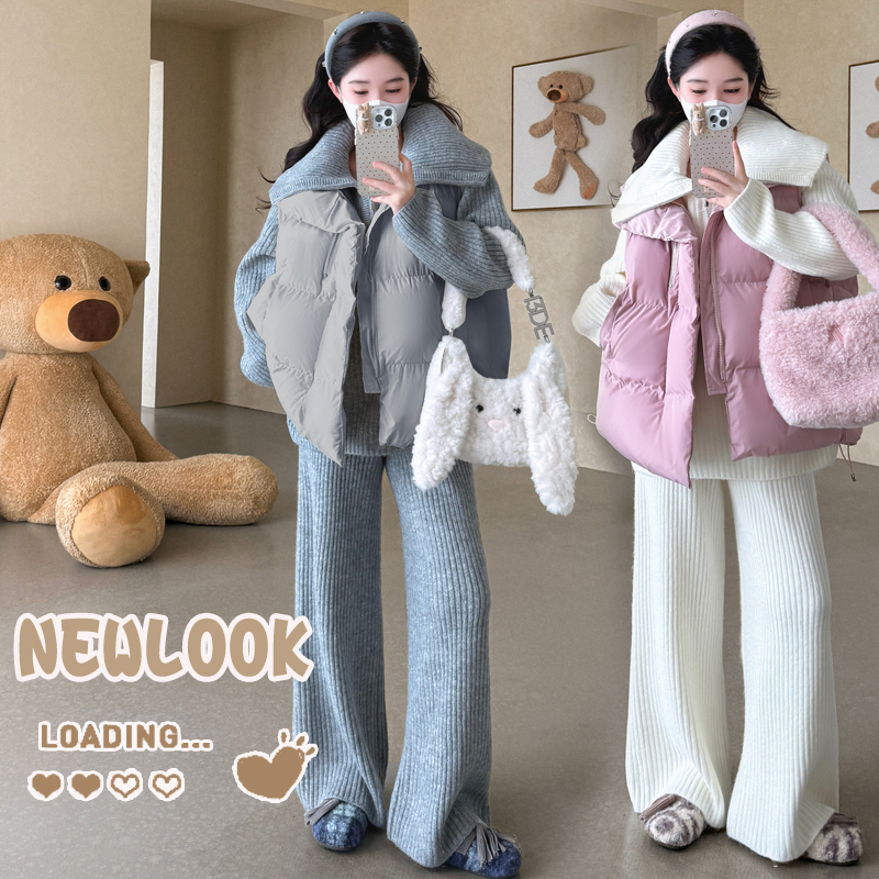 孕妇装秋冬新款套装软糯宽松加厚毛衣显瘦保暖棉服马甲冬季三件套