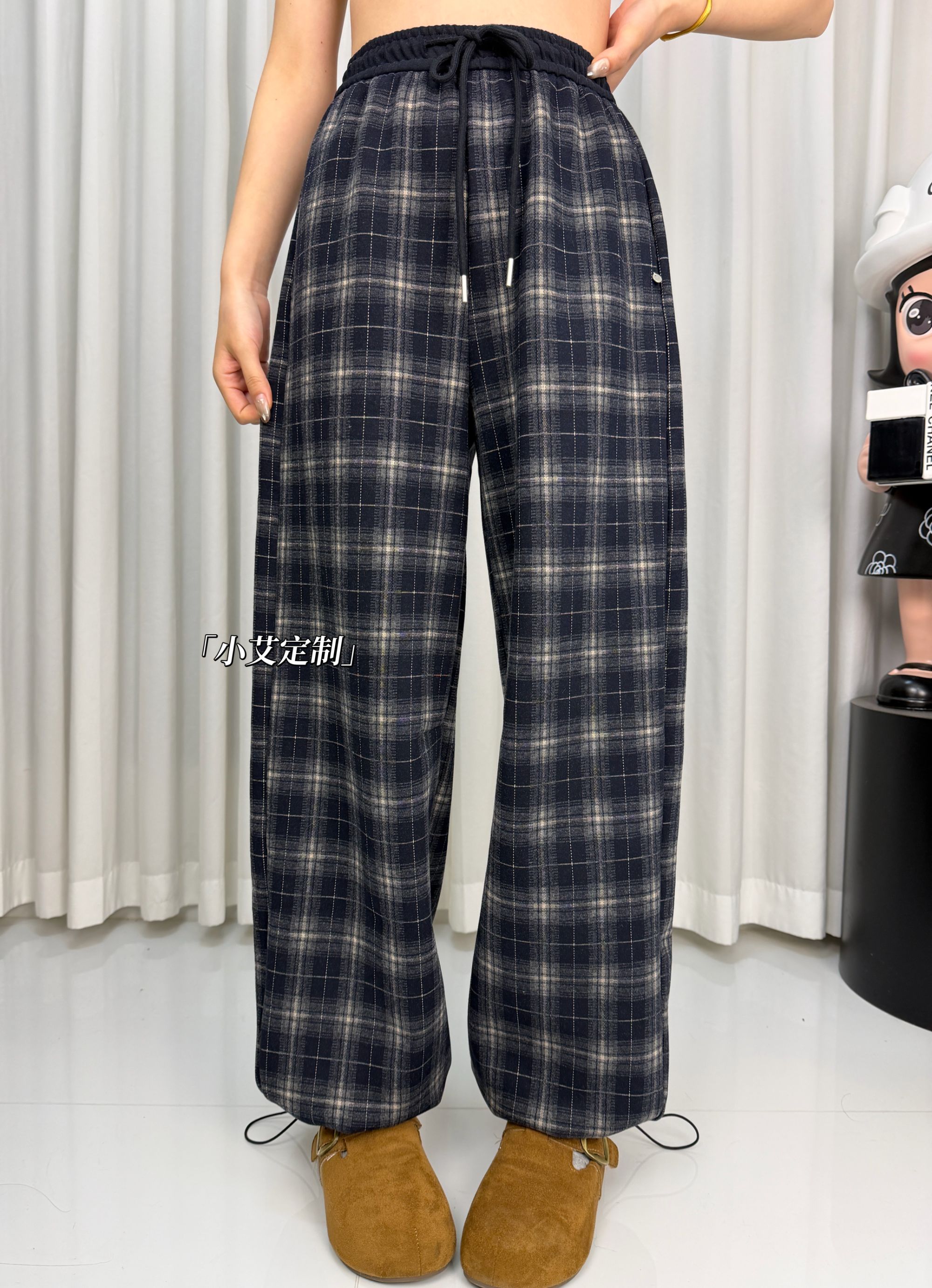 「小艾定制」秋冬加绒加厚磨毛格纹高腰阔腿百搭抽绳毛呢休闲女裤