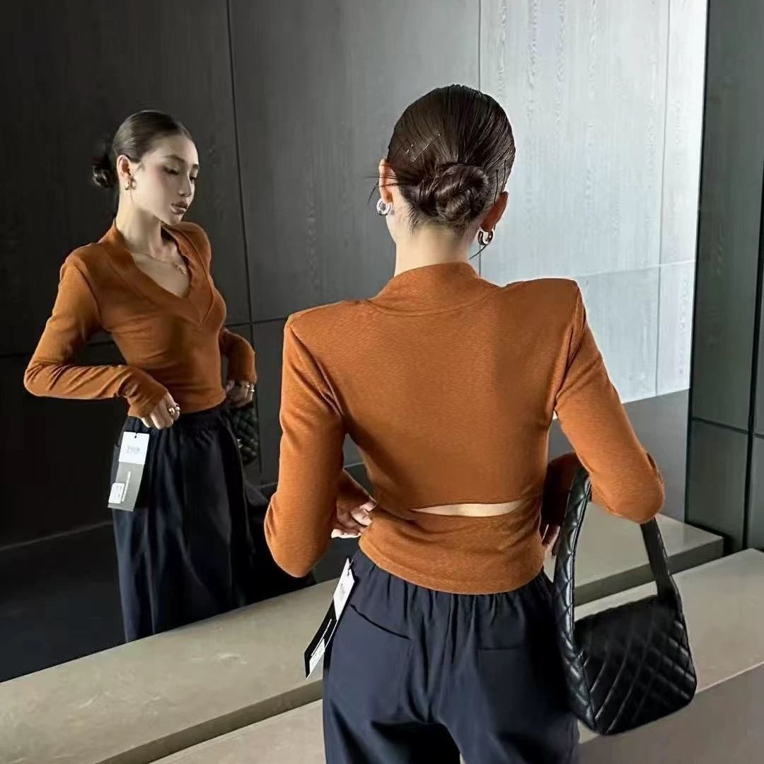十三行辣妹V领长袖t恤女早秋季2025新款修身内搭打底衫收腰上衣