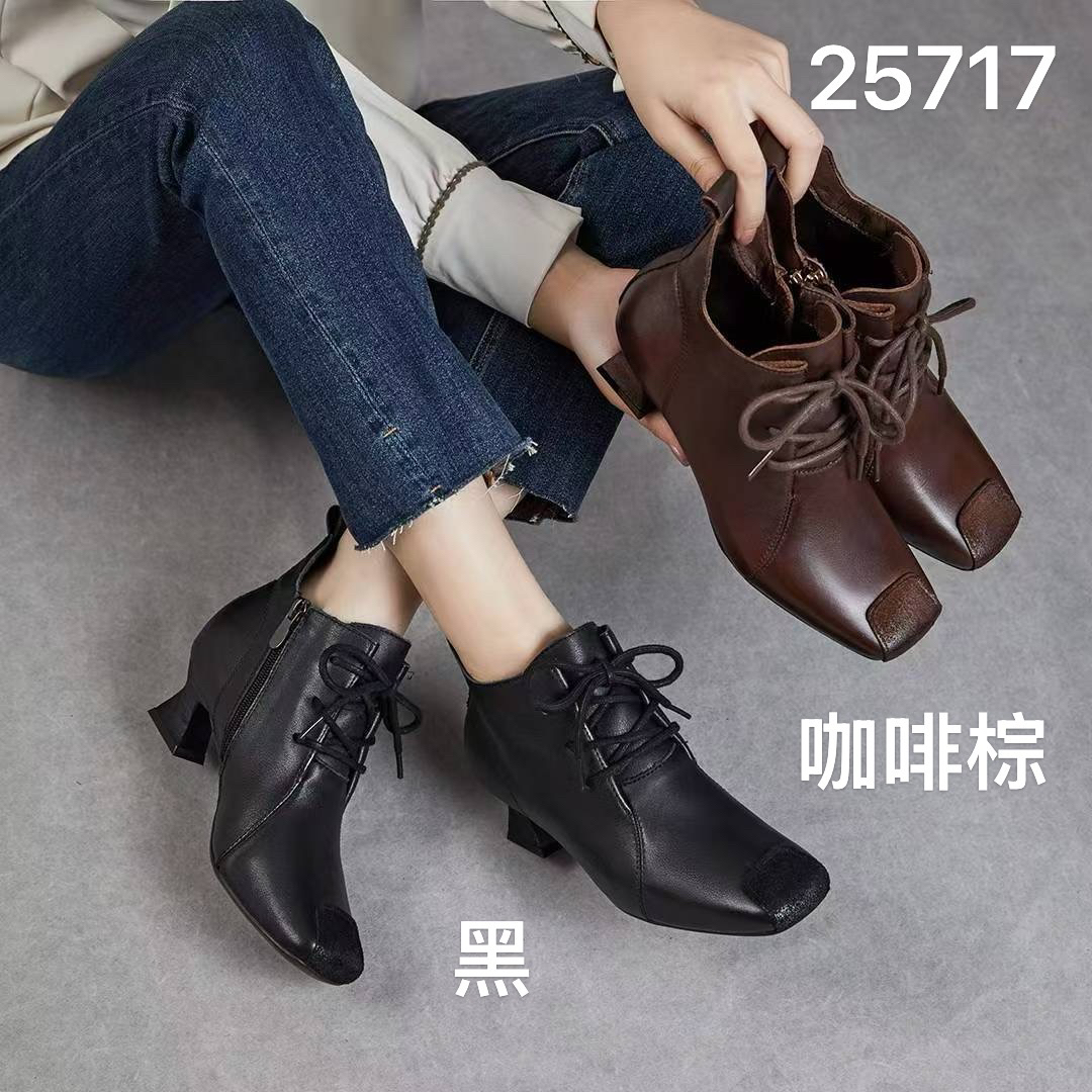 早秋酒杯跟侧拉链短靴防滑时尚百搭粗跟牛皮短靴
