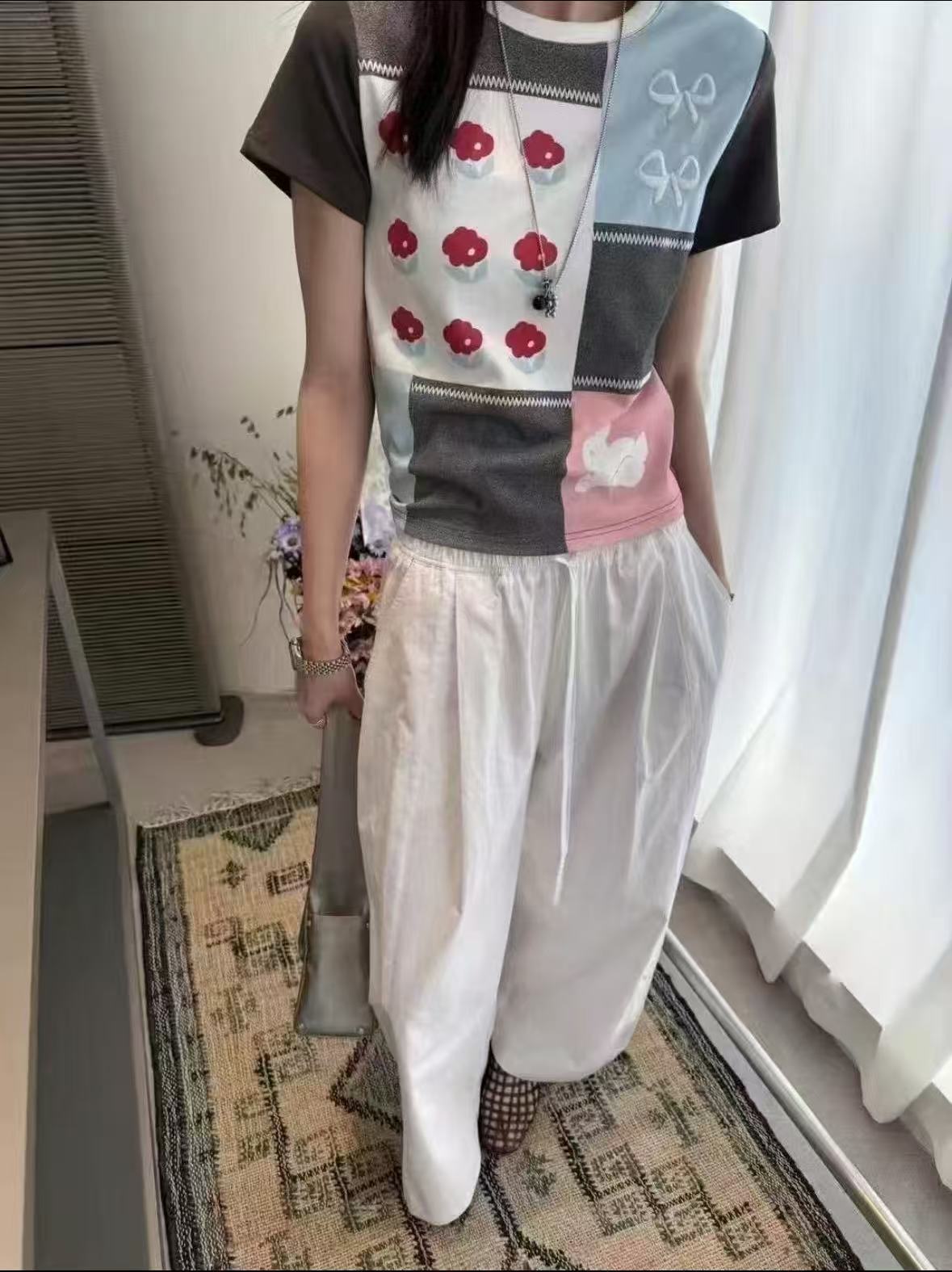 撞色涂鸦印花短袖1629