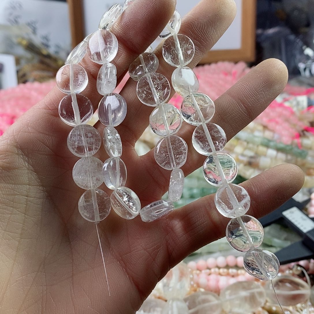 玛瑙/玉髓珠宝半成品合金一条天然4×12白水晶圆饼A74