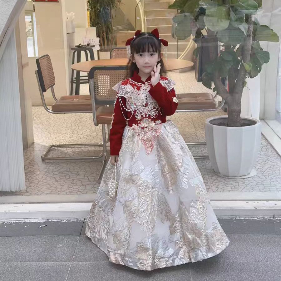 新中式儿童礼服小众轻奢高端生日女童旗袍晚礼服长袖连衣裙表演服