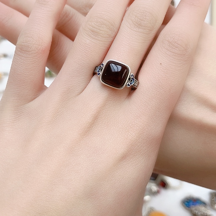 血珀戒指银S925镶嵌天然