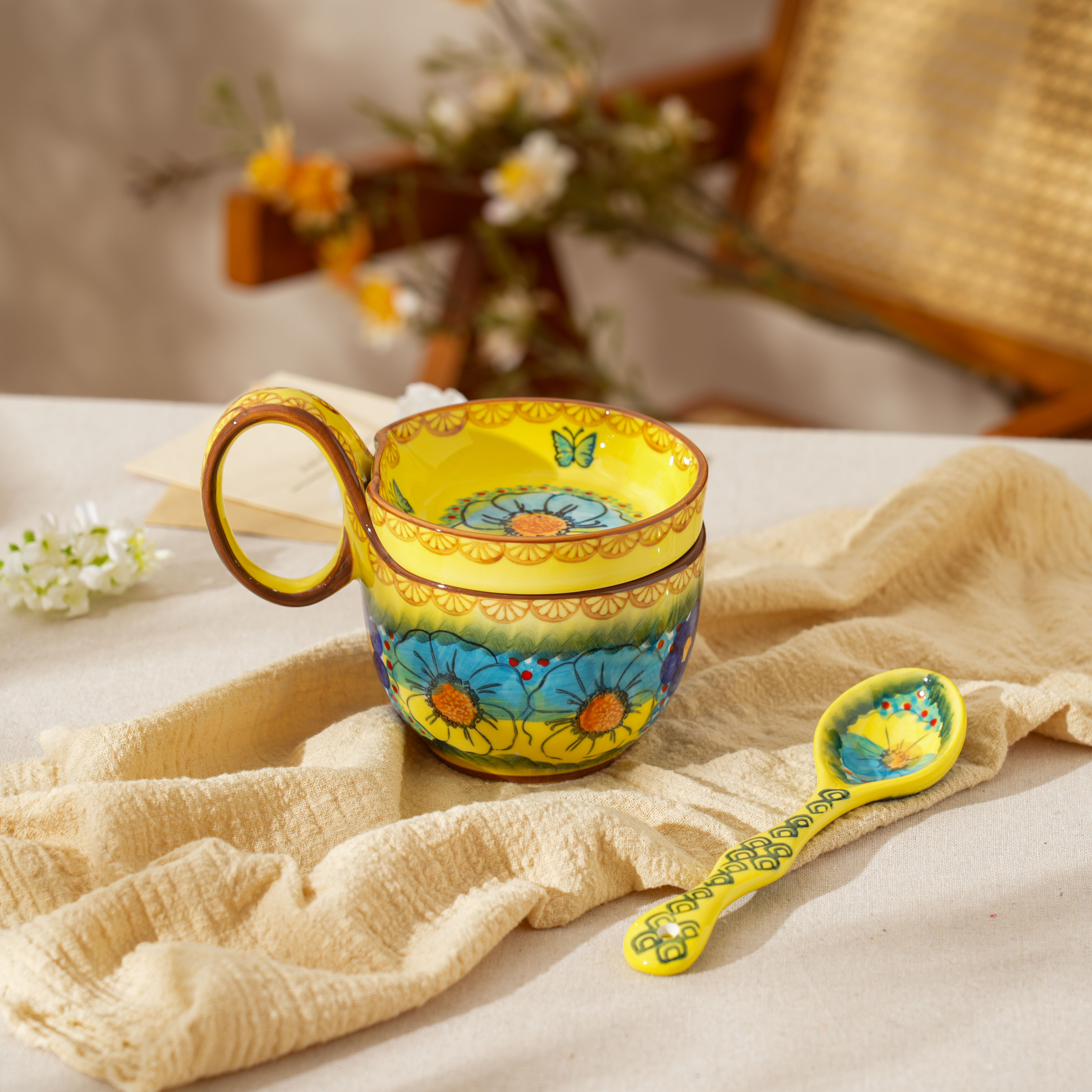 [美森专属]（带盖子）手绘琉璃黄-4.5英寸曲把杯+长柄勺