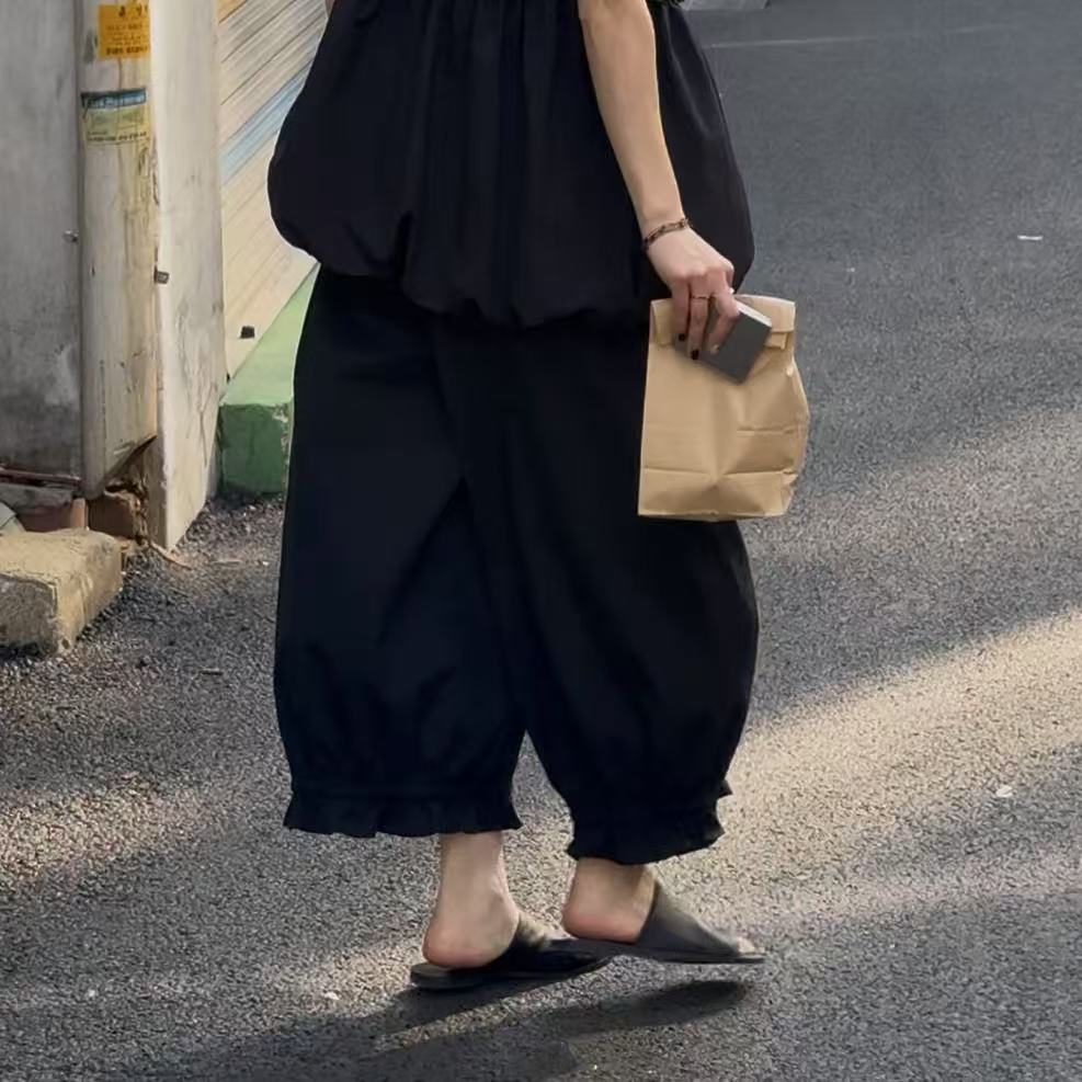 ｛귤 언니｝fl九分花朵阔腿裤