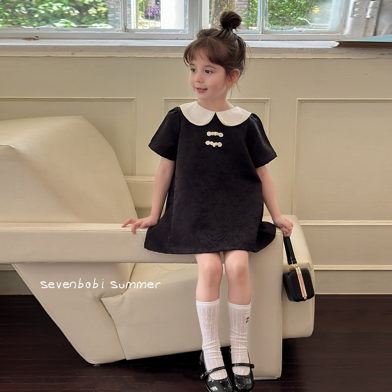 SKC2497女童法式高级感提花连衣裙夏装新款翻领撞色精致公主裙潮