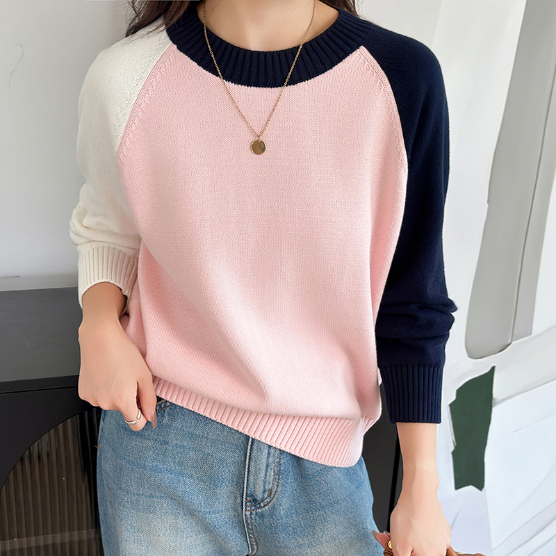 100%纯棉线针织衫七针加厚宽松撞色洋气套头秋冬圆领针织不起球