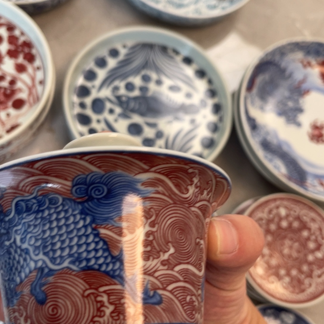 瓷片景德镇麒麟踏浪马蹄盖碗