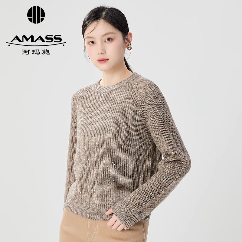 AMASS阿玛施优雅插肩袖廓形珠片质感圆领针织长袖上衣5399756