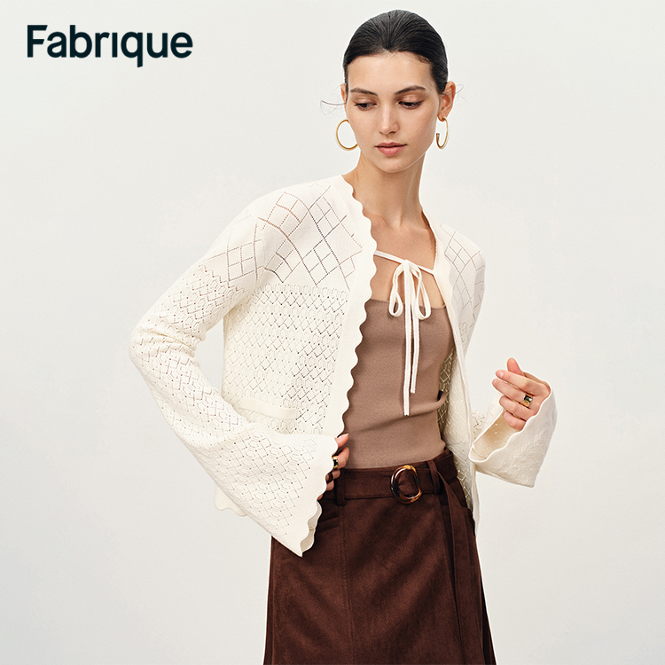 Fabrique Megan 秋冬新品法式菱形格镂空花边法式绑带针织开衫