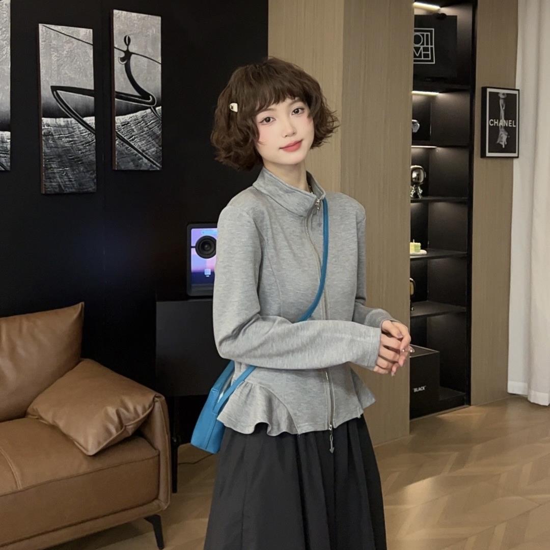 少量现【薇薇绮】天丝立领上衣双头拉链鱼尾摆卫衣显瘦2025新 D117