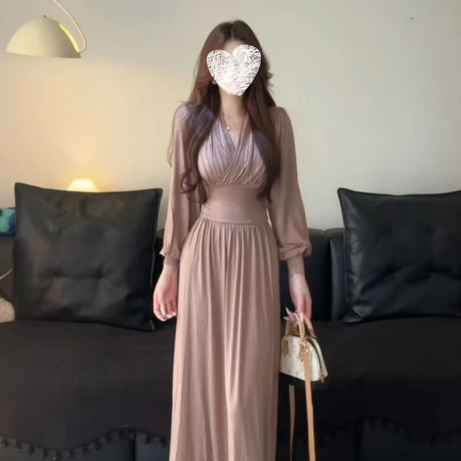 法式气质中长款裙子女秋季新款高腰修身显瘦名媛气质连衣裙8085#