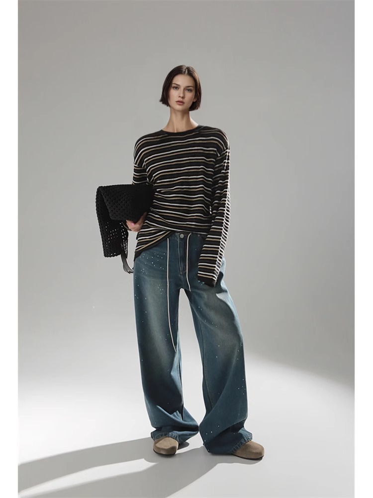 MeIli-辣妹风水钻复古抽绳牛仔裤女宽松阔腿休闲直筒牛仔PI24K211