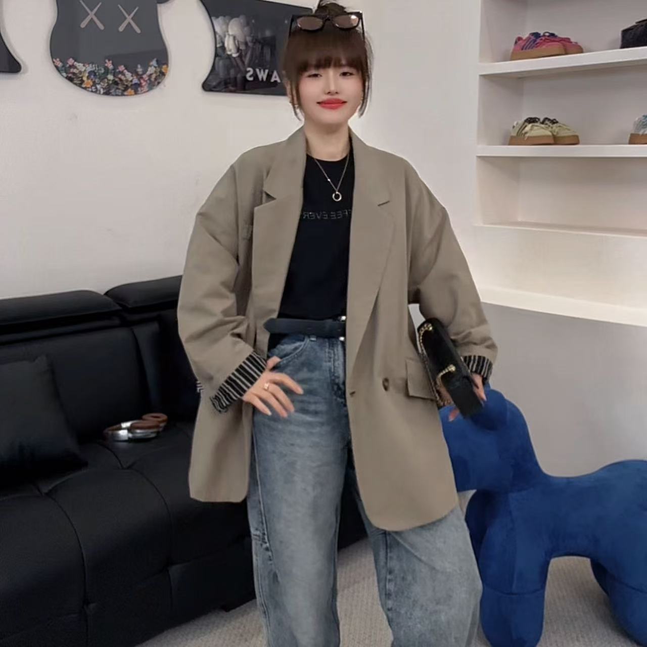 【郁儿严选】TY 855103春季廓形双排扣拼接卷边袖西装外套