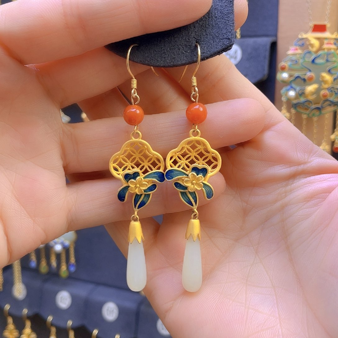 和田玉耳饰银S925镀金镶嵌