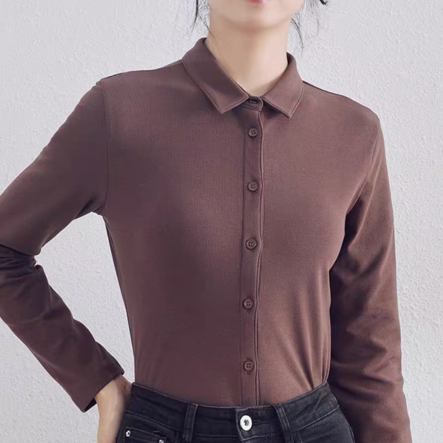 女士德绒长袖衬衫纯色半开领冬季修身保暖时尚百搭内搭