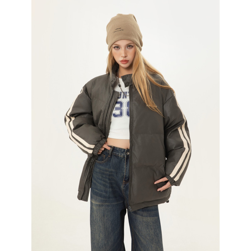 MY709美式复古冬季保暖高街设计感撞色宽松百搭pu皮立领棉服男