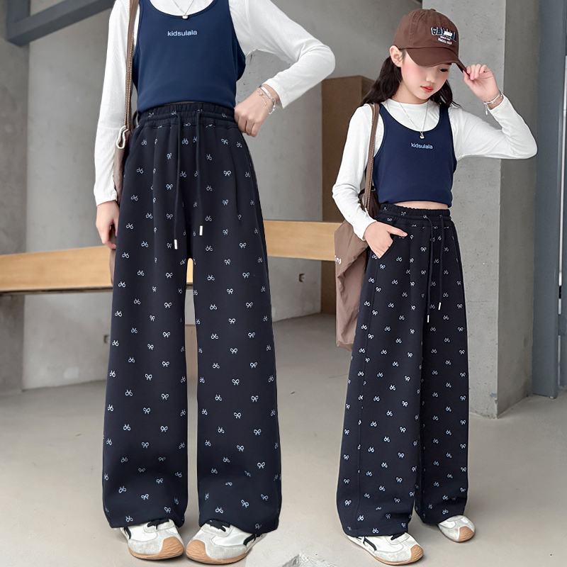 【专柜品质】女童春秋韩版直筒裤长裤中大童百搭印花休闲裤可收口