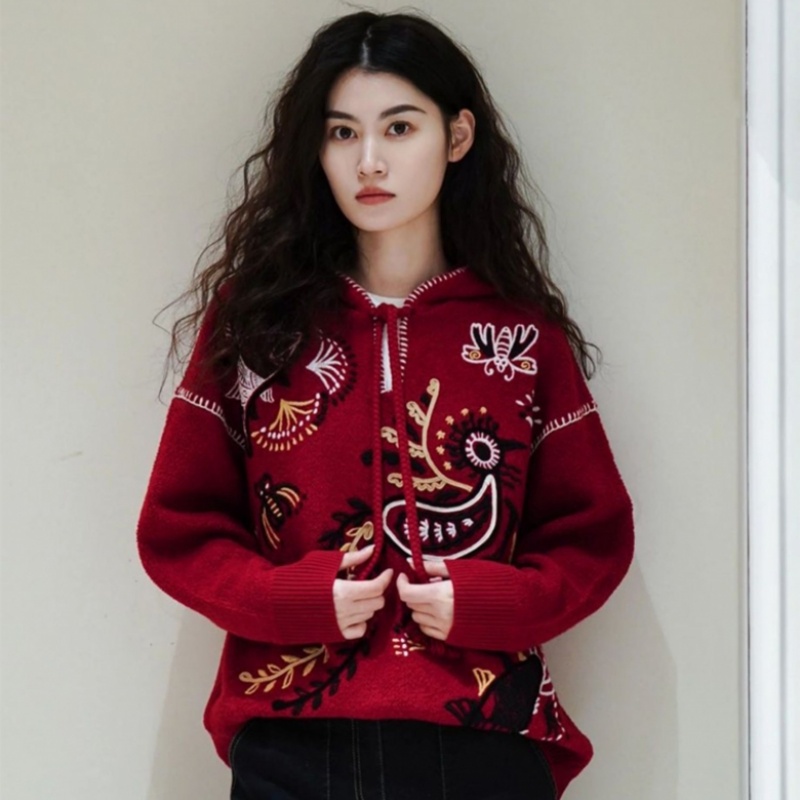 YQ004622新年红色休闲毛衣女圆领针织开衫外套过年小香风本命年修