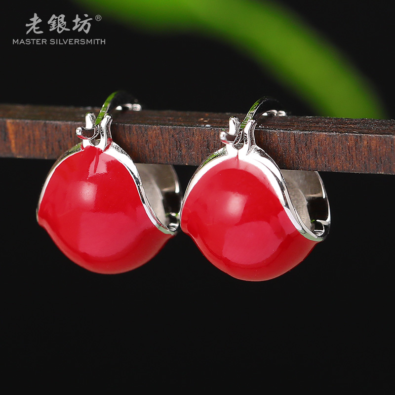 925银耳饰 水滴花篮耳扣（红·彩）0015348