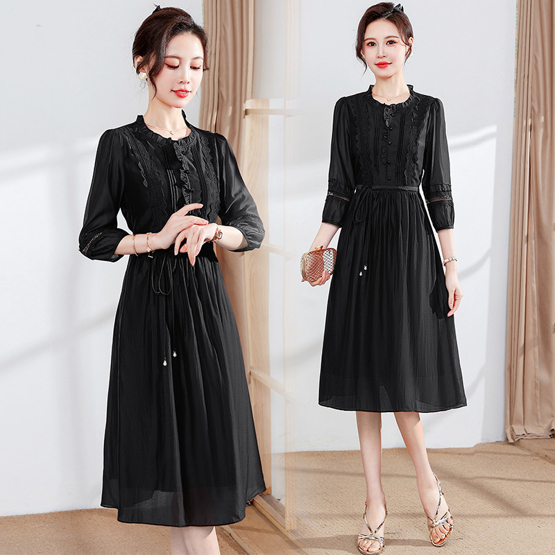 连衣裙显瘦复古中长裙女装宋锦婚宴妈妈装秋装长裙礼服收腰纯色