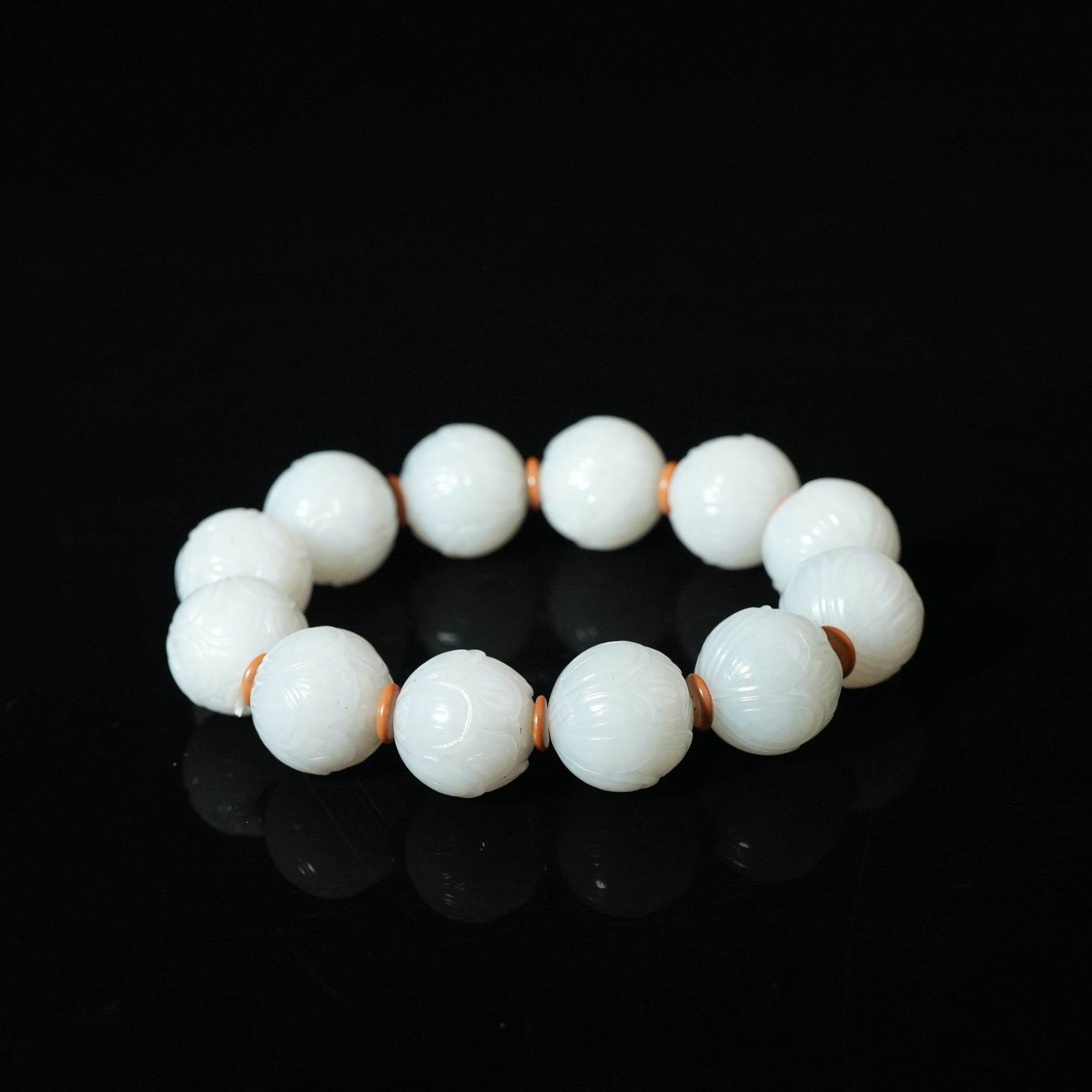 清代和田玉莲瓣纹圆珠手串【华豫之门】LLFF2501112057