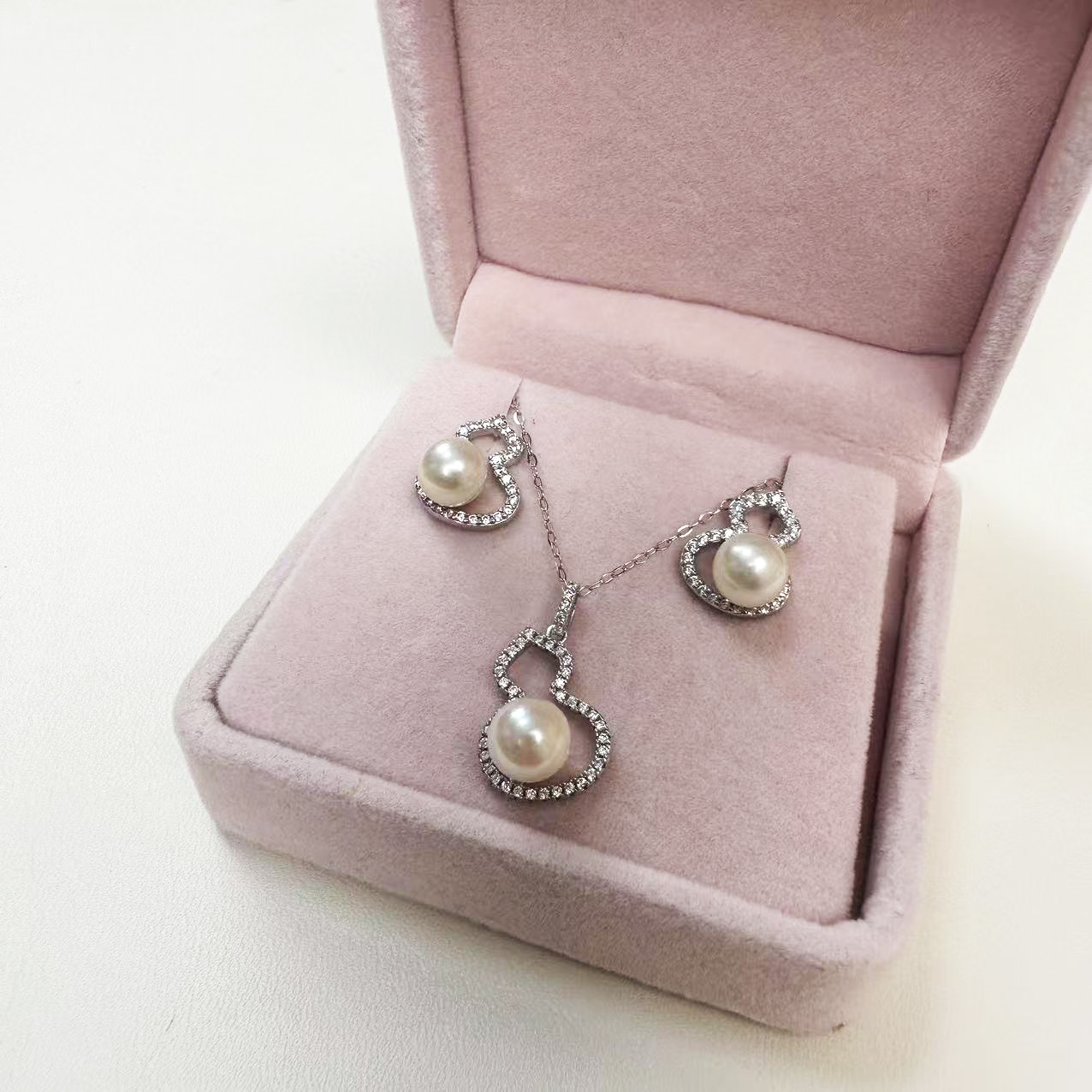 3件海水珍珠套装6-7.5mm，珍珠葫芦吊坠，耳钉,福禄双全好运加持