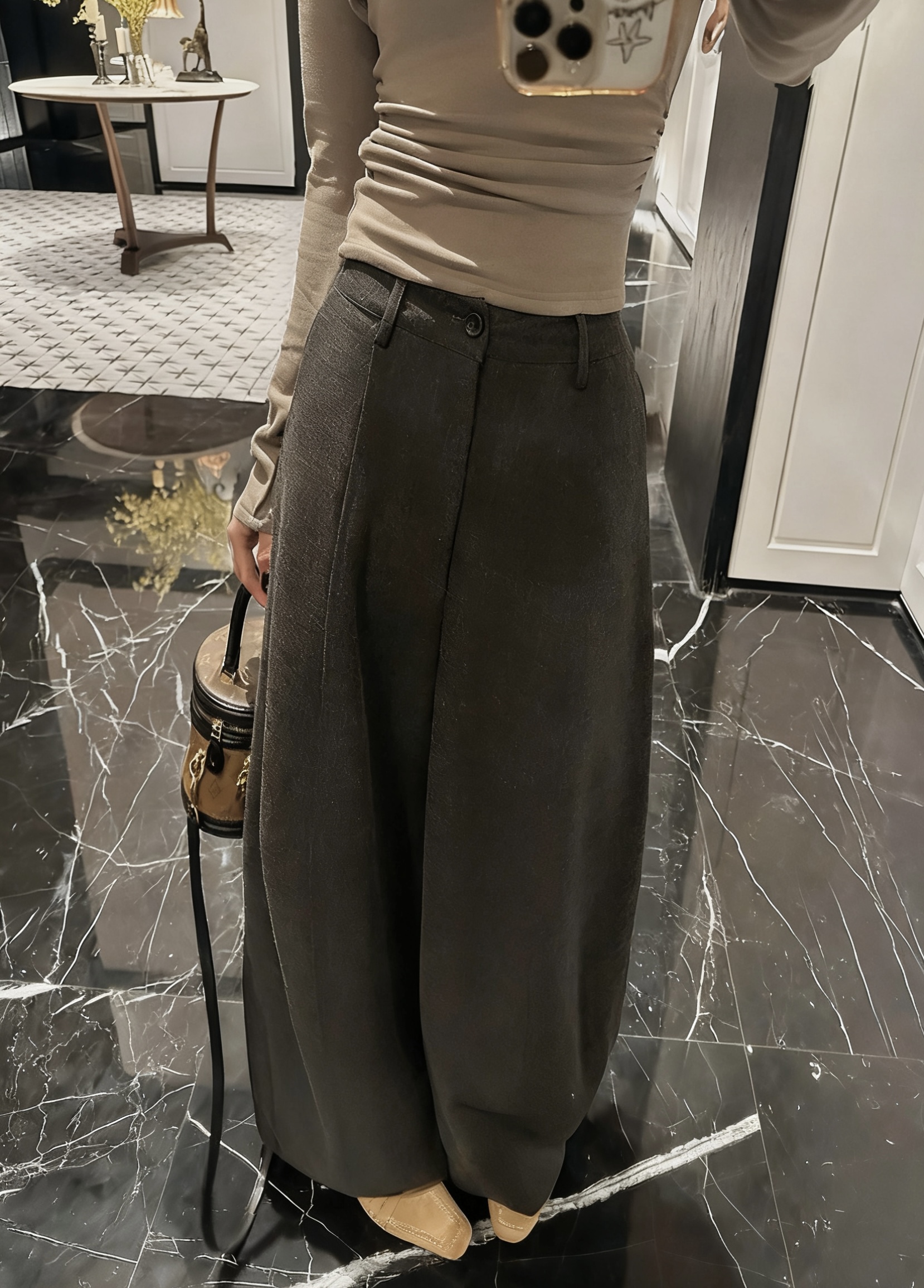 bee-2092-韩系气质设计感加厚松紧腰阔腿裤西装裤【M码裤长94】