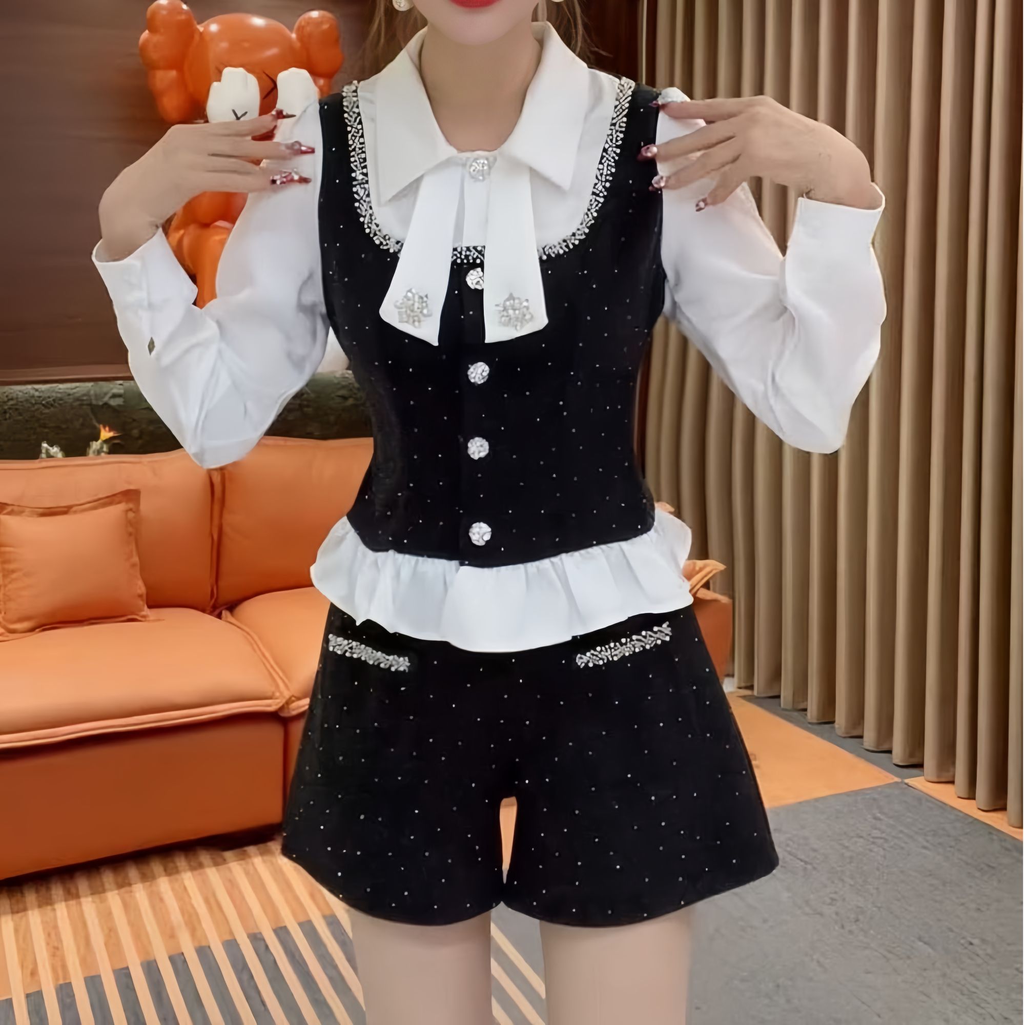 2026春季新款法式重工烫钻时尚衬衫长袖假两件上衣短裤洋气两件套