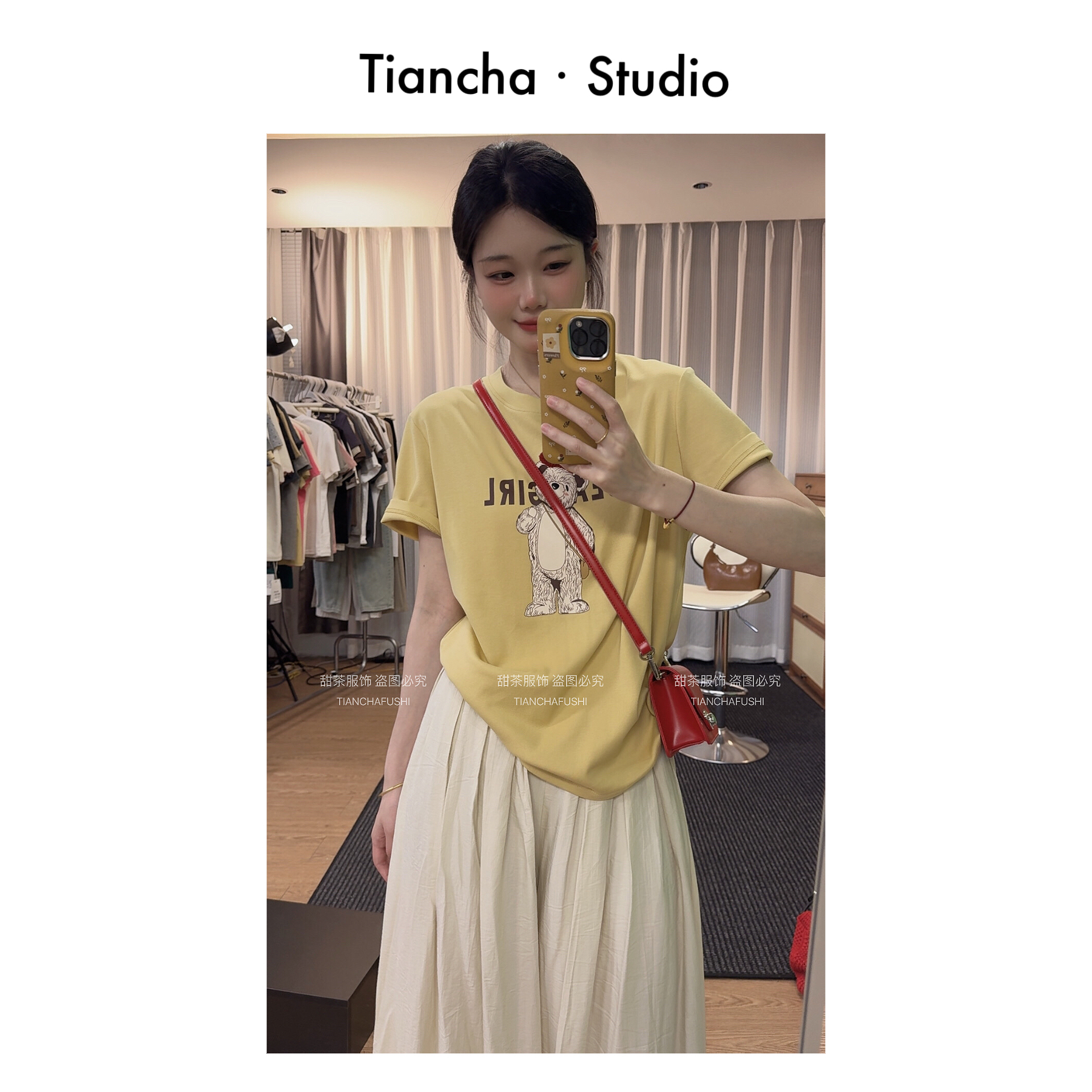 sweet c【奶油小熊】M360#2025夏季韩版ins风正肩短袖T恤女可爱百搭