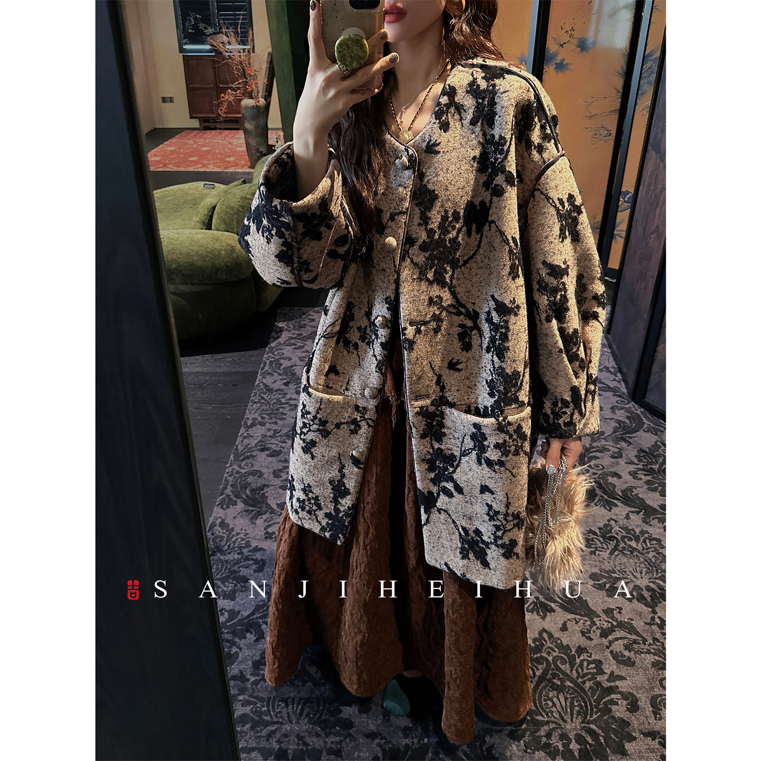 三吉黑花【比翼鸟】女款2025新款冬加厚进口澳毛色织提花中古大衣