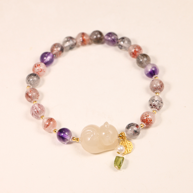 【叶叶珠宝】870超七+18k金+和田玉藕粉趴趴猫手串手链16*12