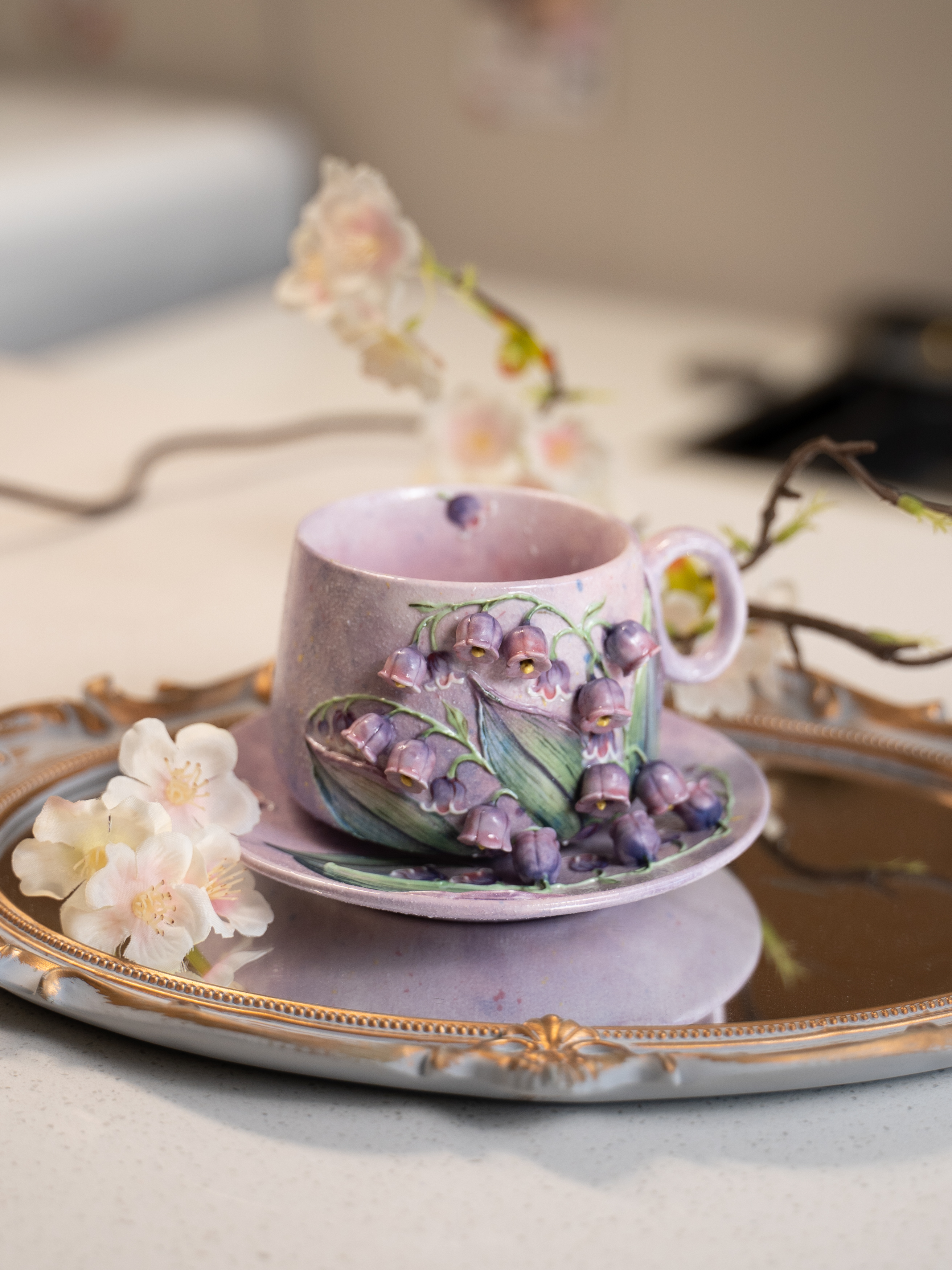 阿瑶 | 满绘星空紫铃兰小花手绘陶瓷胖马克杯碟